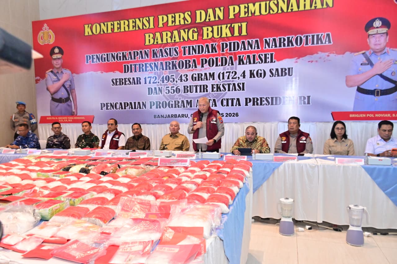 Polda Kalsel Musnahkan 172,4 Kg Sabu dan Ekstasi: Selamatkan 863 Ribu Jiwa dan Hemat Biaya Rehab Rp. 4,3 Triliun