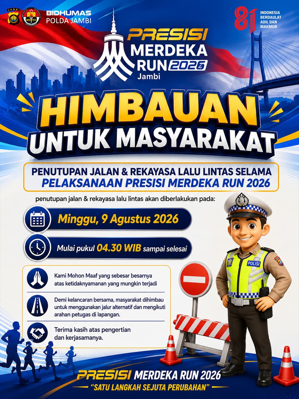 Polda Jambi Siapkan Rekayasa Lalu Lintas, Masyarakat Diimbau Gunakan Jalur Alternatif Saat Presisi Merdeka Run