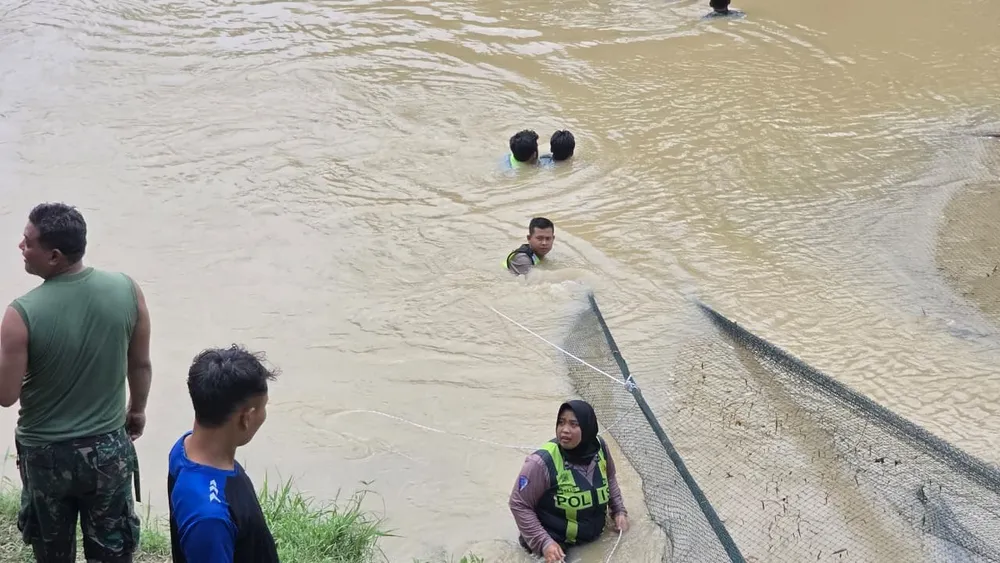 Polwan Brigpol Titis Terjun ke Sungai Lusi, Pasang Jaring Cari Tiga Korban Hilang