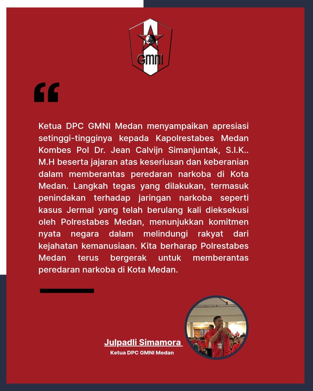 GMNI: Perang Melawan Narkoba di Medan Bukti Negara Hadir Lindungi Masyarakat
