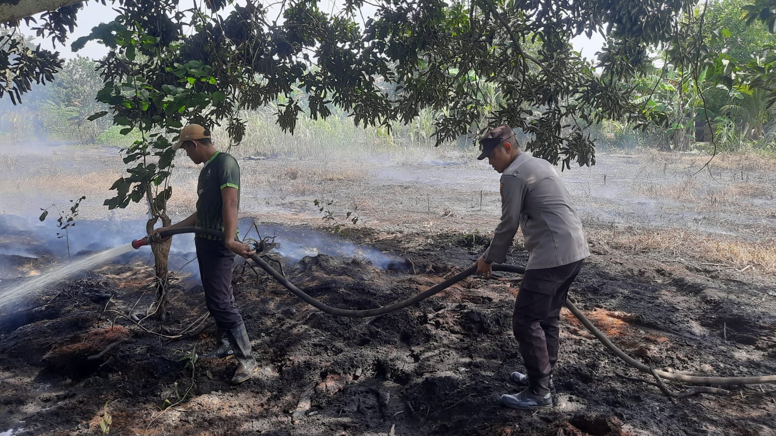 Lahan Terbakar di Jalan Flora Batulayang, Personel Polsek Pontianak Utara Sigap Padamkan Api