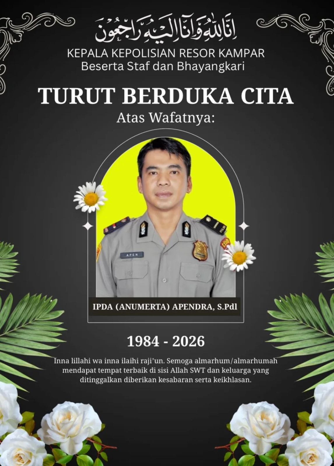 Apendra Gugur saat Kawal Malam Takbiran, Dapat KPLB dari Polri
