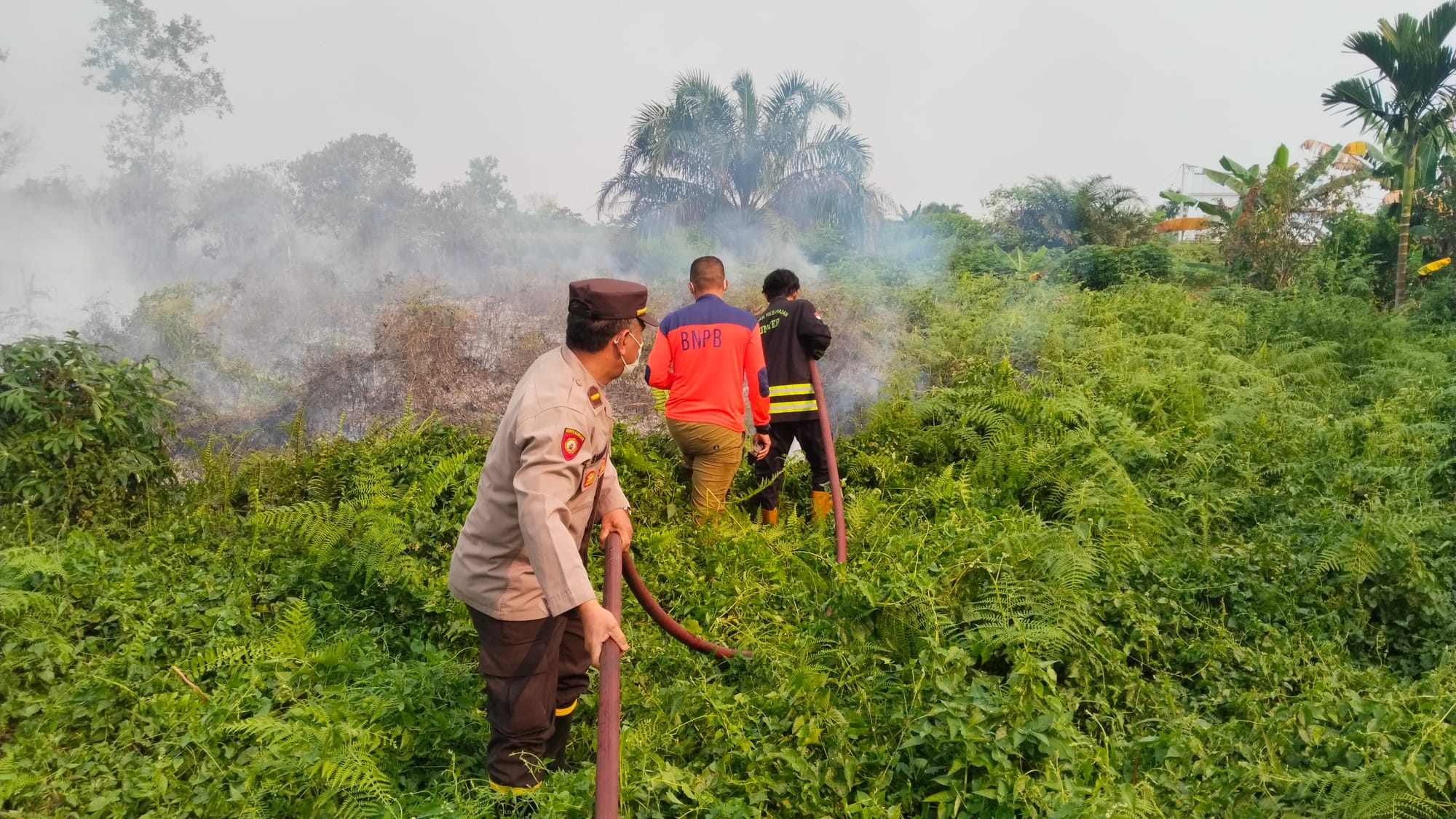 Sumber Air Terbatas, Personel Polsek Pontianak Utara Berjibaku Padamkan Kebakaran Lahan