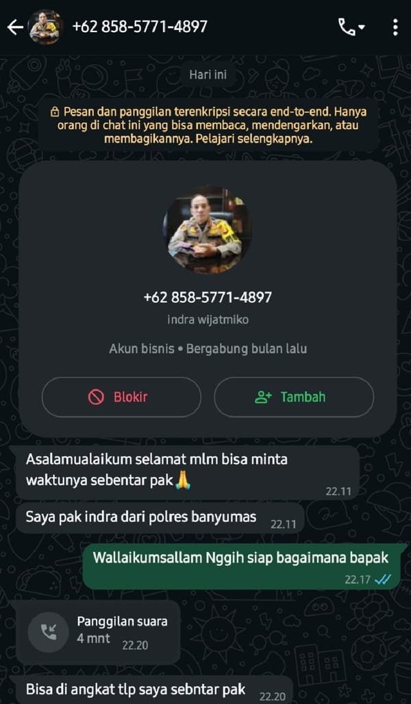Awas Penipuan! Oknum Catut Nama Polresta Banyumas di WhatsApp