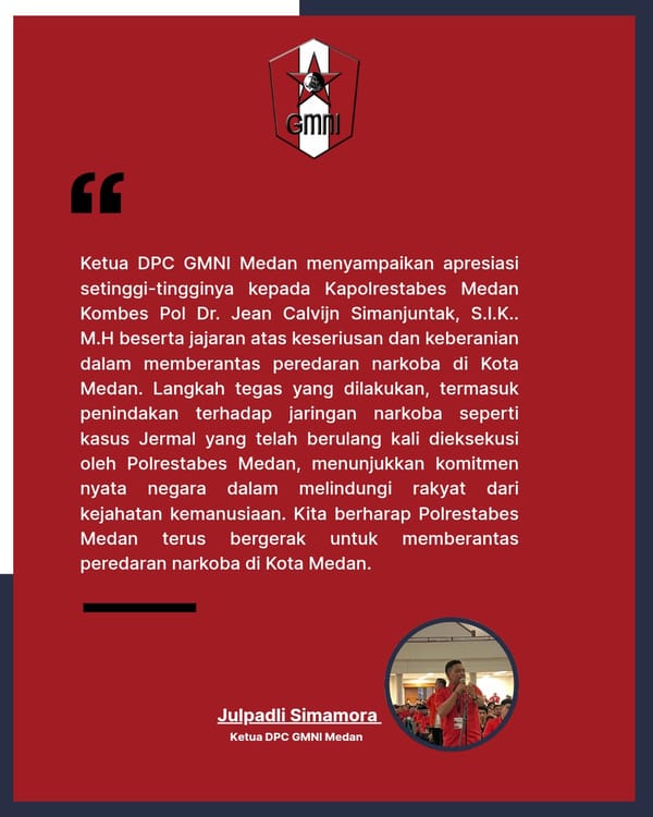 GMNI Medan Apresiasi Kinerja Polrestabes Medan, Komitmen Berantas Narkoba Dinilai Nyata