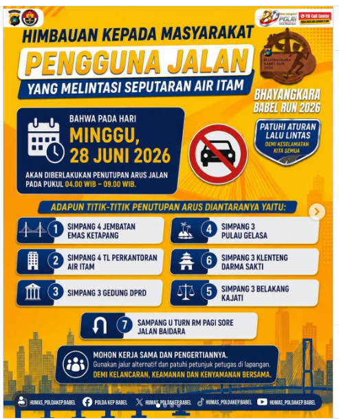 Polda Babel Imbau Masyarakat Gunakan Jalur Alternatif Saat Bhayangkara Babel Run 2026