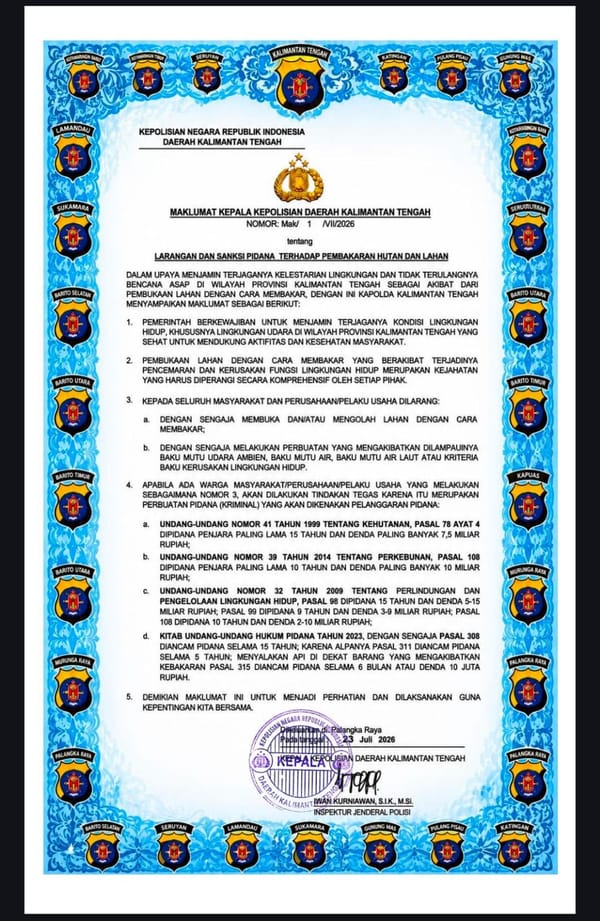 Kapolda Kalteng Tegaskan Ancaman Pidana bagi Pelaku Pembakaran Hutan dan Lahan