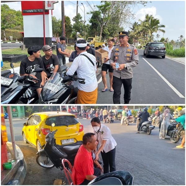 Tidak Hanya Amankan Antrean BBM, Personil Polda Bali dan jajaran Bagikan Air Mineral Dan Berikan Pelayanan Kesehatan